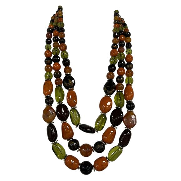 Unbranded Orange Green Brown Gold Beaded Layered Statement Necklace - Picture 1 of 3